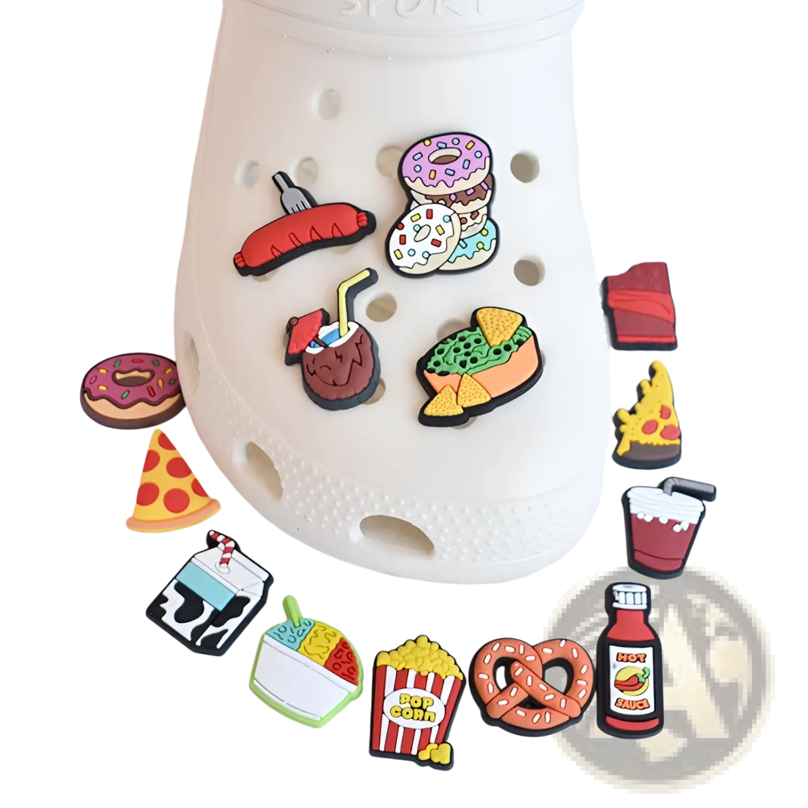 White croc shoe with colorful food themed silicone charms attached to the sides for sandals and clogs use