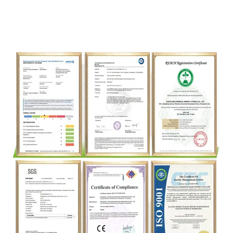 Collection of framed certification documents from international standards organizations for food vacuum sealer rolls