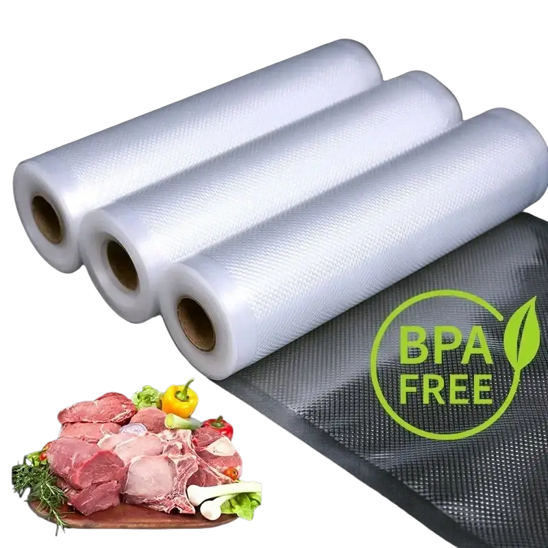 Three white translucent food vacuum sealer rolls with textured surface and brown cardboard cores for storage bags