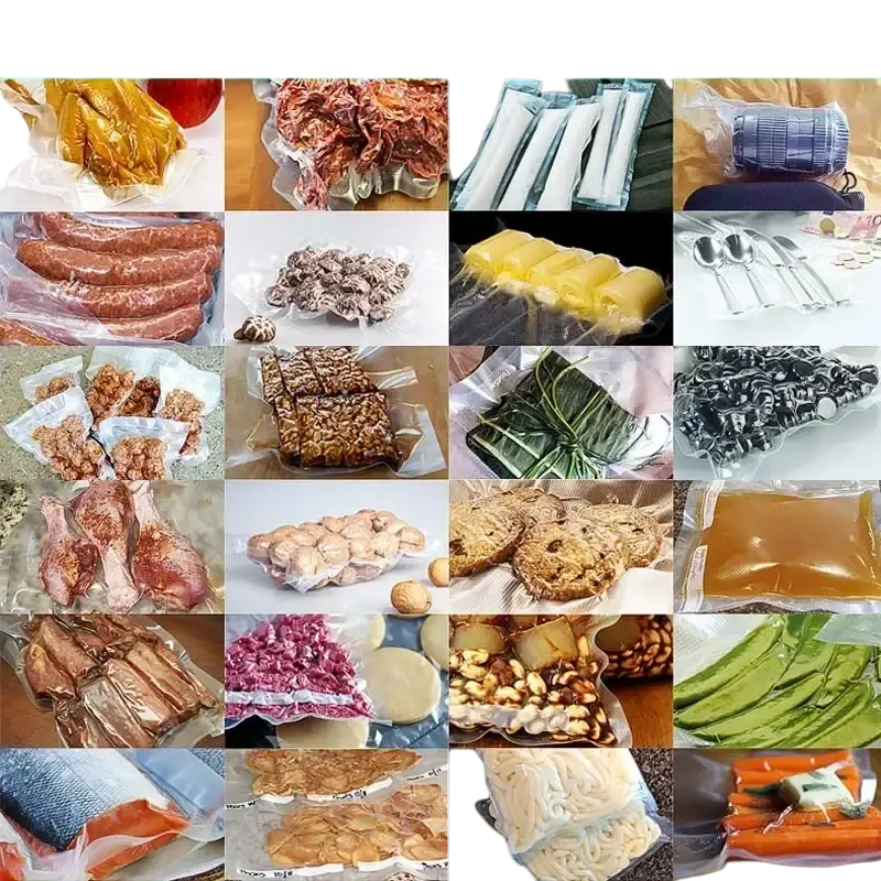 A variety of vacuum-sealed meats seafood vegetables and baked goods in food vacuum sealer rolls 500cm storage bags