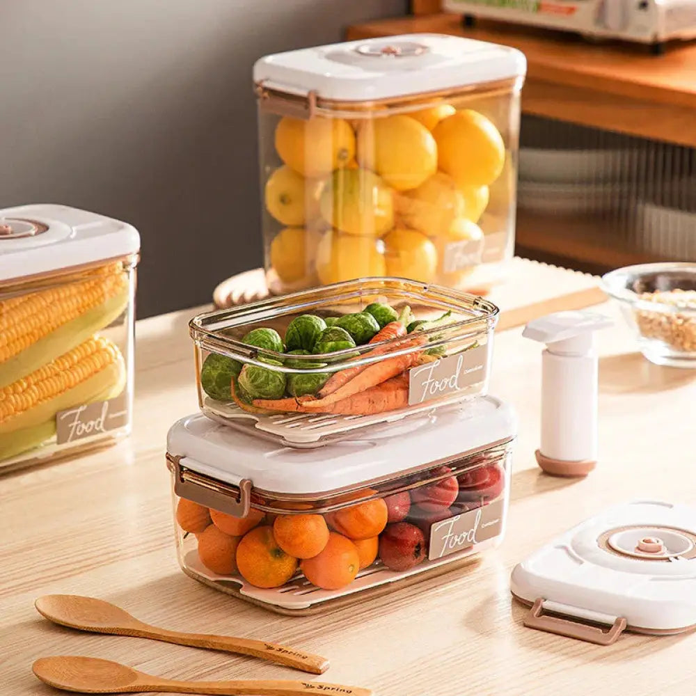 Clear rectangular glass food storage containers with white lids beige clasps and food labels arbaglobal vacuum seal set