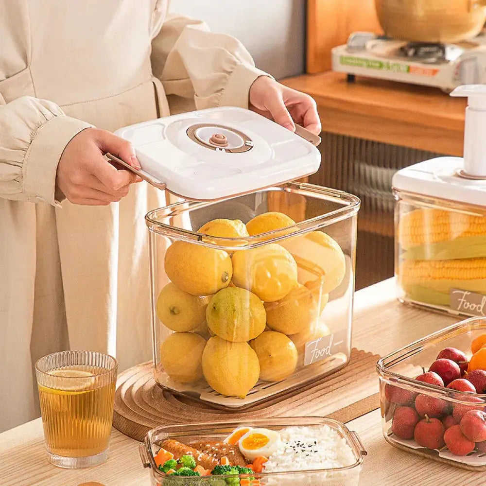 Arbaglobal vacuum seal glass food storage container set with clear rectangular container, white lid, and lemons inside