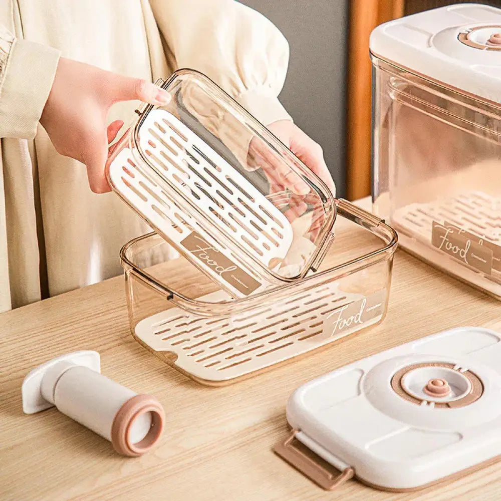Clear glass food storage container with white slotted lid featuring food in cursive from Arbaglobal vacuum seal set