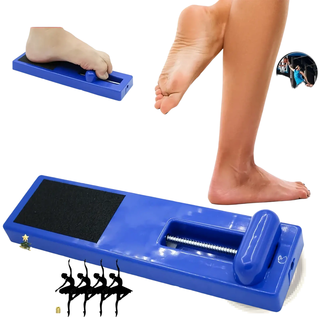 Blue plastic foot exerciser with black textured pad and adjustable resistance for arch and toe strengthening