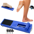 Blue plastic foot exerciser with black textured pad and adjustable resistance for arch and toe strengthening