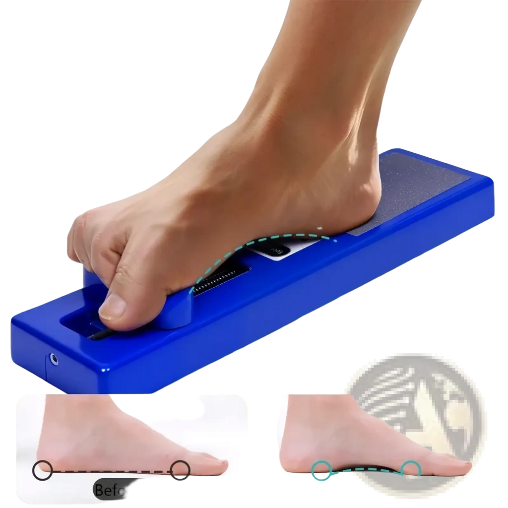 Blue plastic foot exerciser arch and toe strengthening device with textured grip and adjustable mechanism