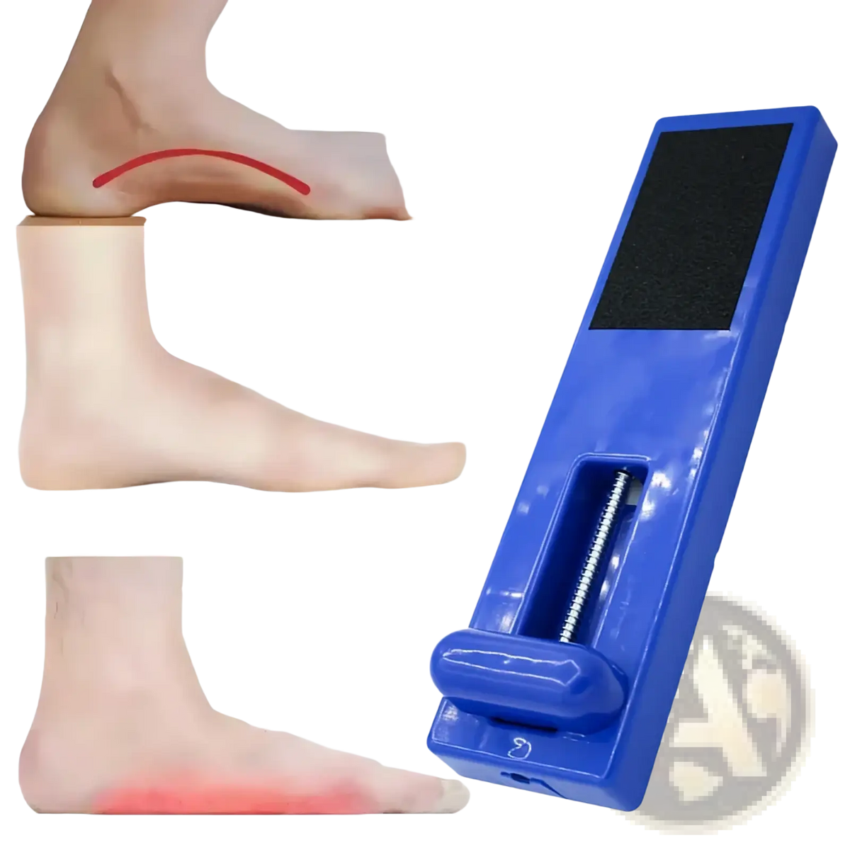 Blue plastic foot exerciser with black textured pad and adjustable metal spring for arch and toe strengthening