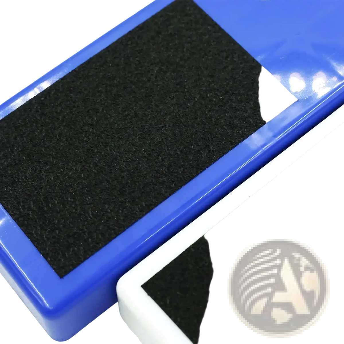Blue and white ink pads with black textured sponge surfaces for foot exerciser arch and toe strengthening device