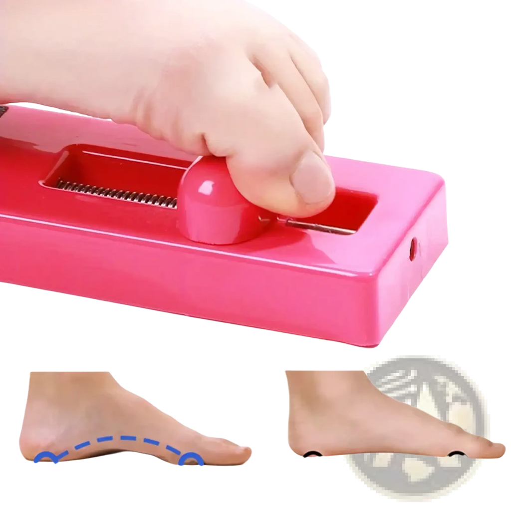 Pink plastic foot exerciser arch and toe strengthening device with rounded handle and metal blades visible from the back
