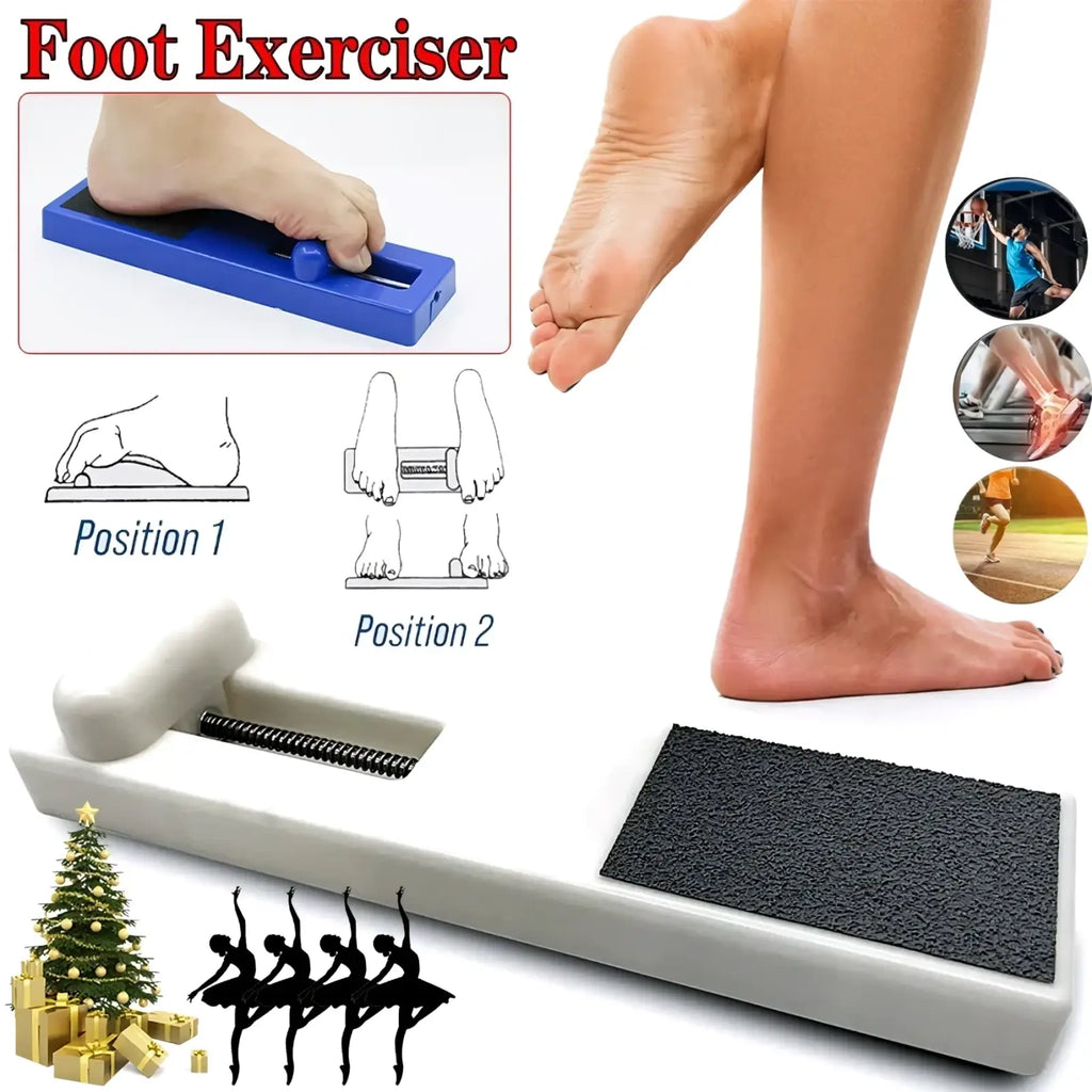 White foot exerciser with black textured grip pad and adjustable spring for arch and toe strengthening device