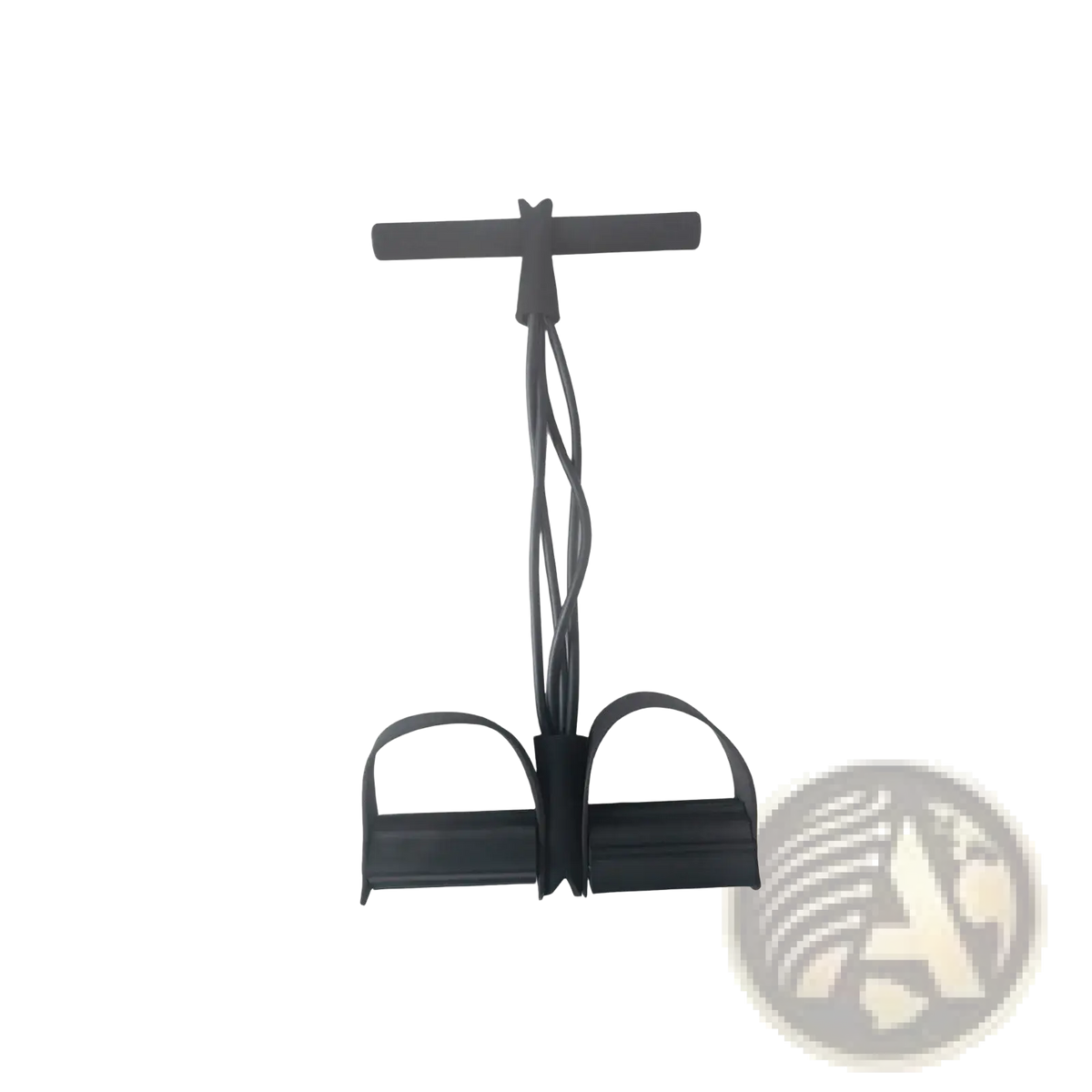 Black plastic and rubber foot pedal resistance band abdominal exerciser with t-shaped handle and dual foot loops