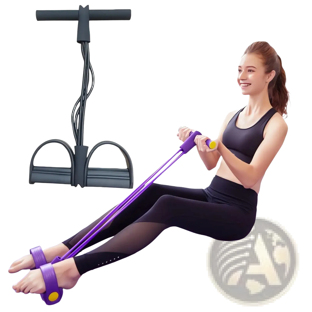 Purple foot pedal resistance band abdominal exerciser with black handles and foot straps for strength training
