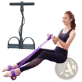 Purple foot pedal resistance band abdominal exerciser with black handles and foot straps for strength training