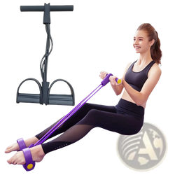 Purple foot pedal resistance band abdominal exerciser with black handles and foot straps for strength training