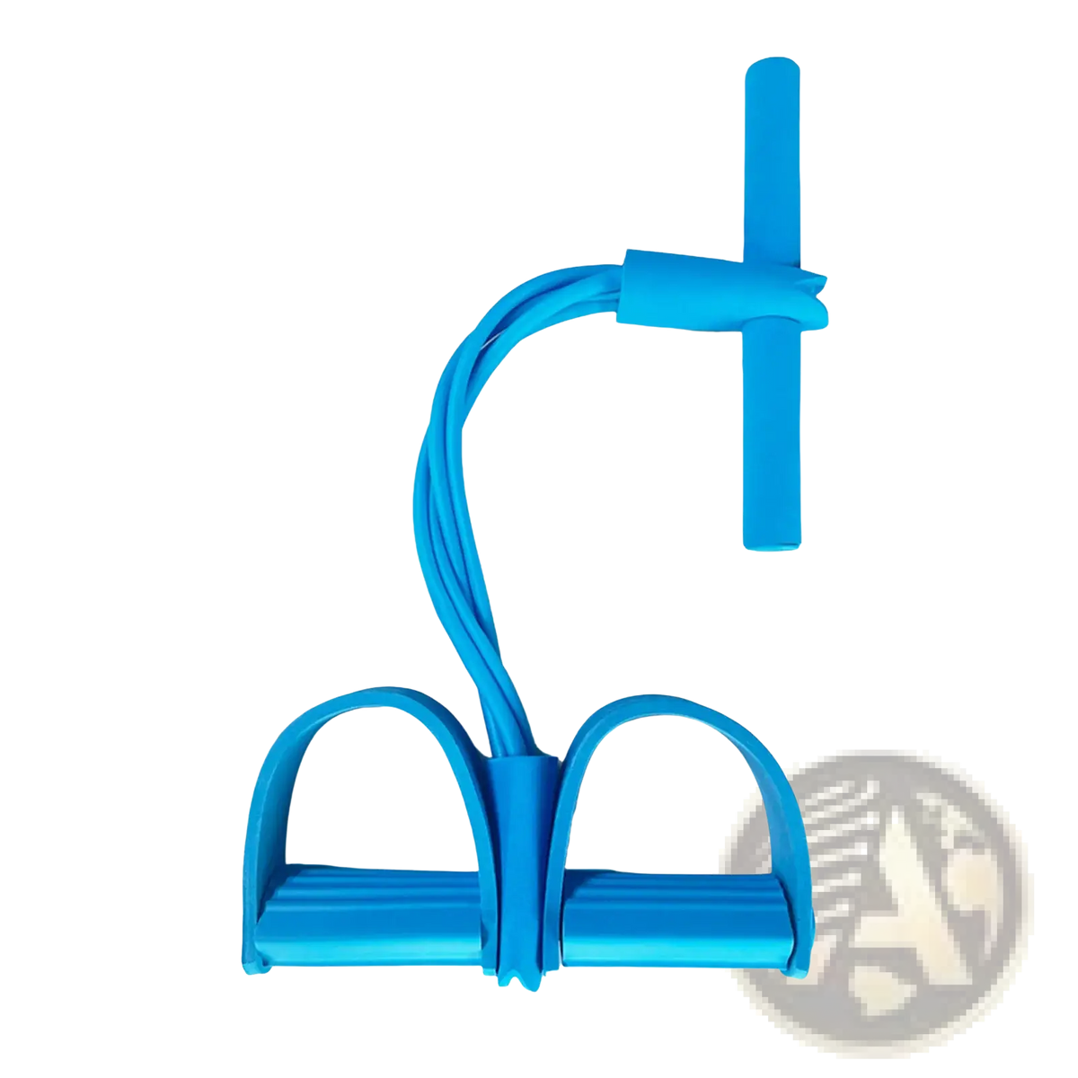 Bright blue ergonomic rubber foot pedal resistance band abdominal exerciser with dual foot loops and t-shaped handle
