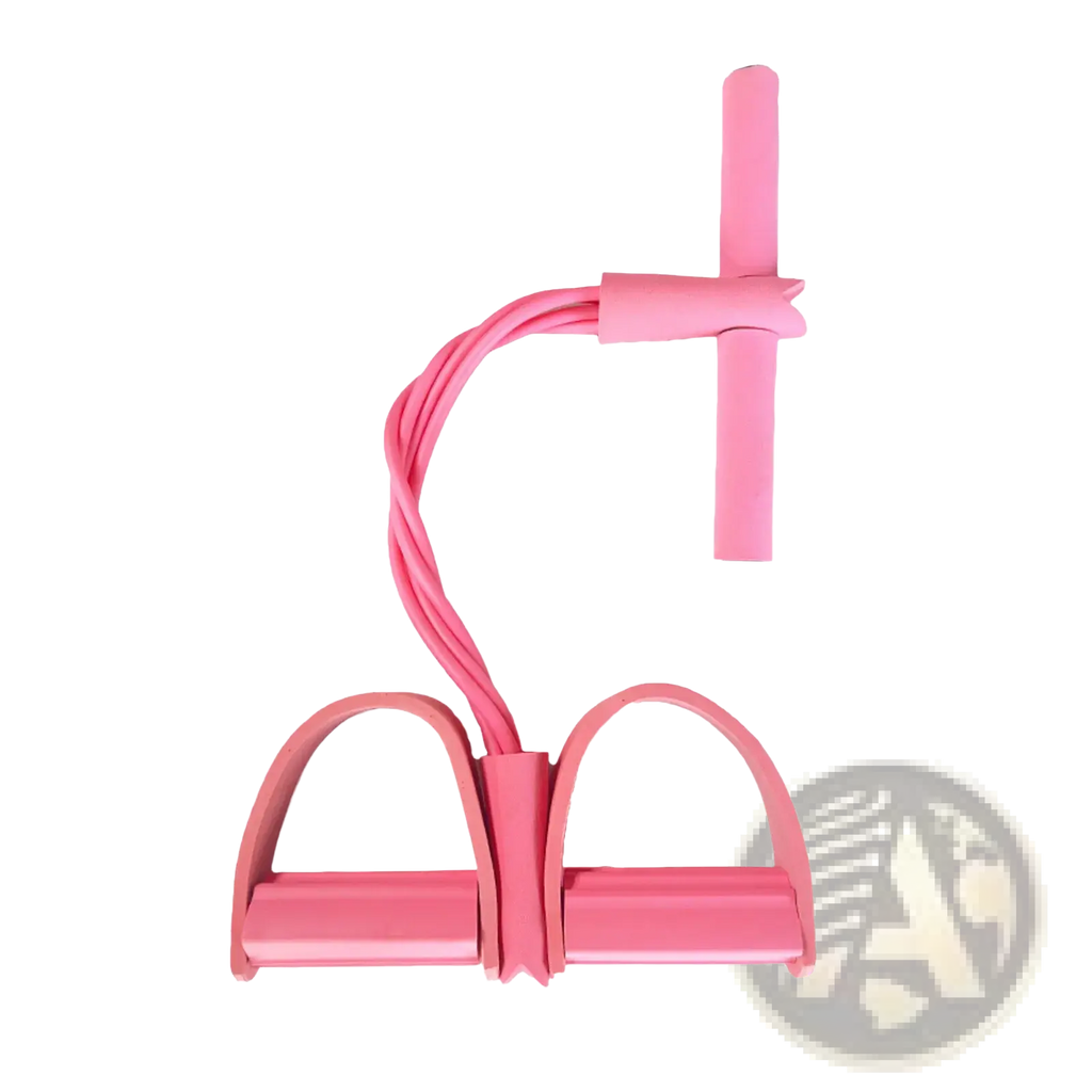 Pink rubber foot pedal resistance band with two foot loops and handle for abdominal and leg exercises