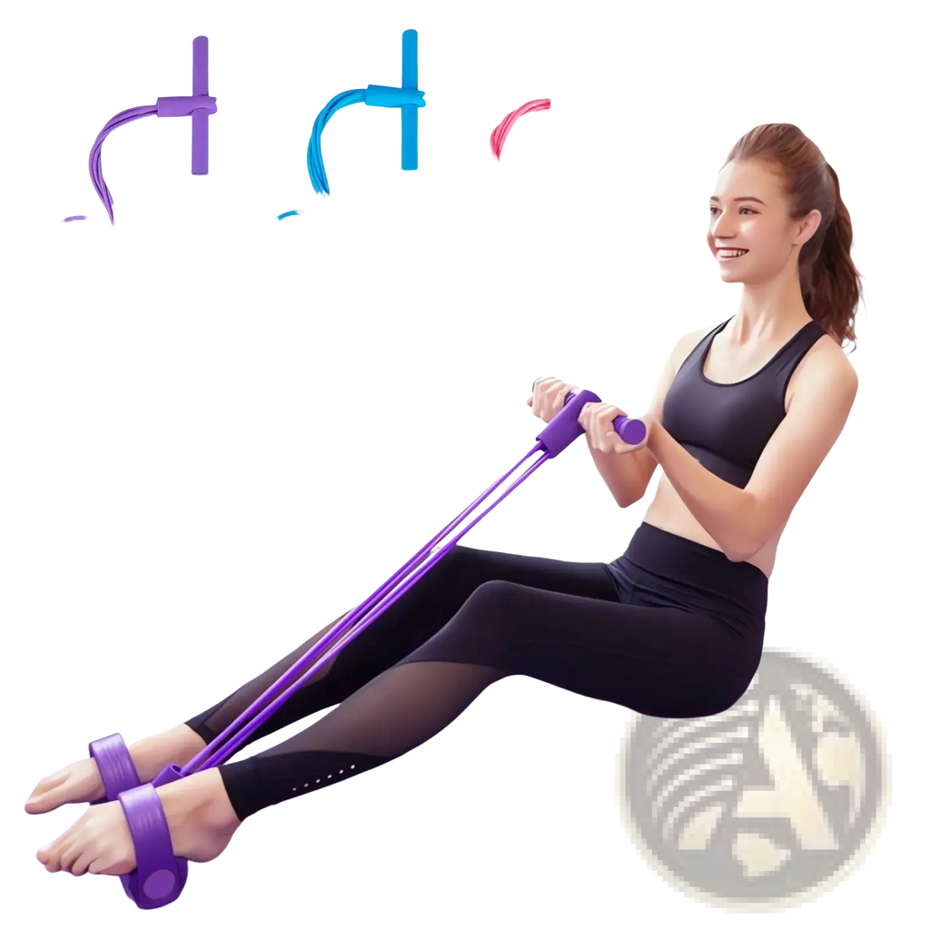 Purple foot pedal resistance band abdominal exerciser with adjustable handles and foot straps for leg workouts
