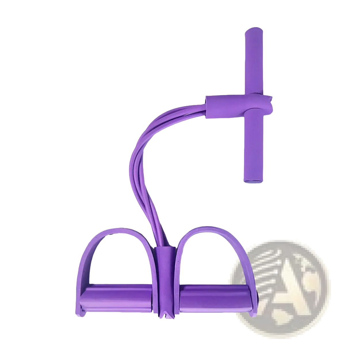 Purple rubber foot pedal resistance band with dual foot loops and t-shaped handle for abdominal exercise