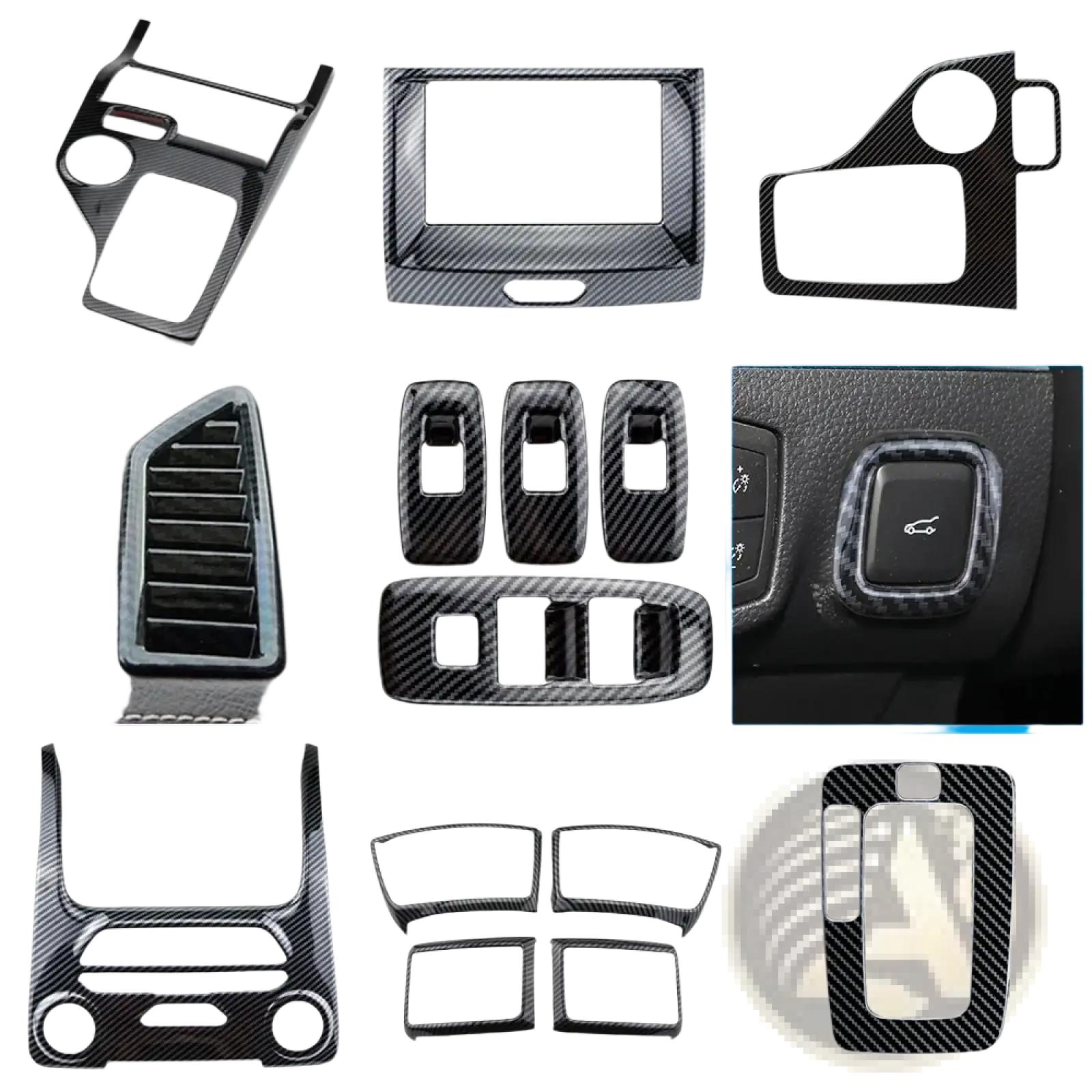 Carbon fiber textured black dashboard trim pieces for Ford Everest Ranger interior styling and protection