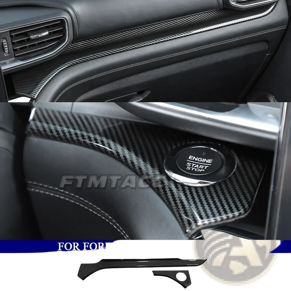 Ford Explorer carbon fiber interior trim kit 2020-2023 with sleek black woven texture and precise fit around engine start button