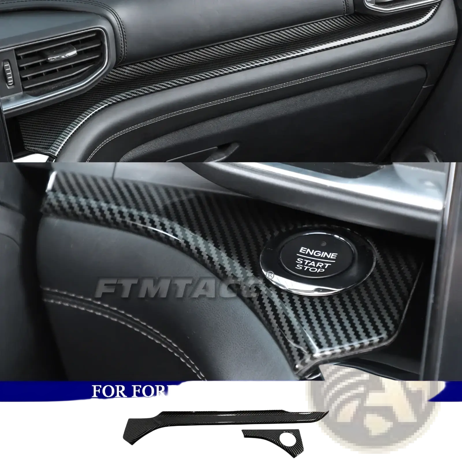 Ford Explorer carbon fiber interior trim kit 2020-2023 with sleek black woven texture and precise fit around engine start button