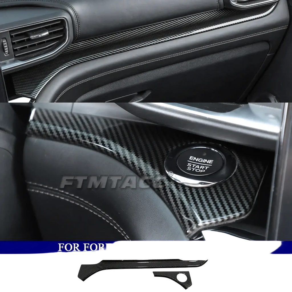 Ford Explorer carbon fiber interior trim kit 2020-2023 with sleek black woven texture and precise fit around engine start button