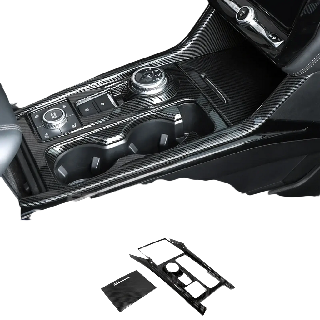 Black carbon fiber textured center console trim kit for ford explorer 2020-2022 interior upgrade