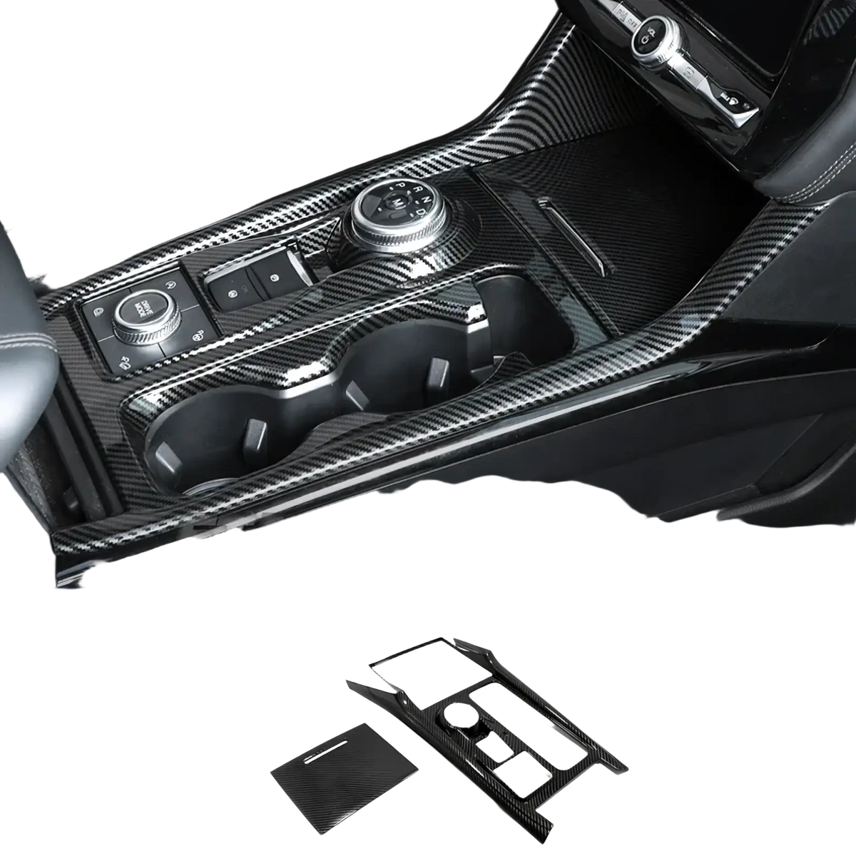 Black carbon fiber textured center console trim kit for ford explorer 2020-2022 interior upgrade