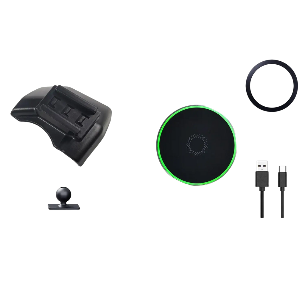 Black wireless charging pad with glowing green rim and circular pattern for ford f150 phone holder wireless charging mount