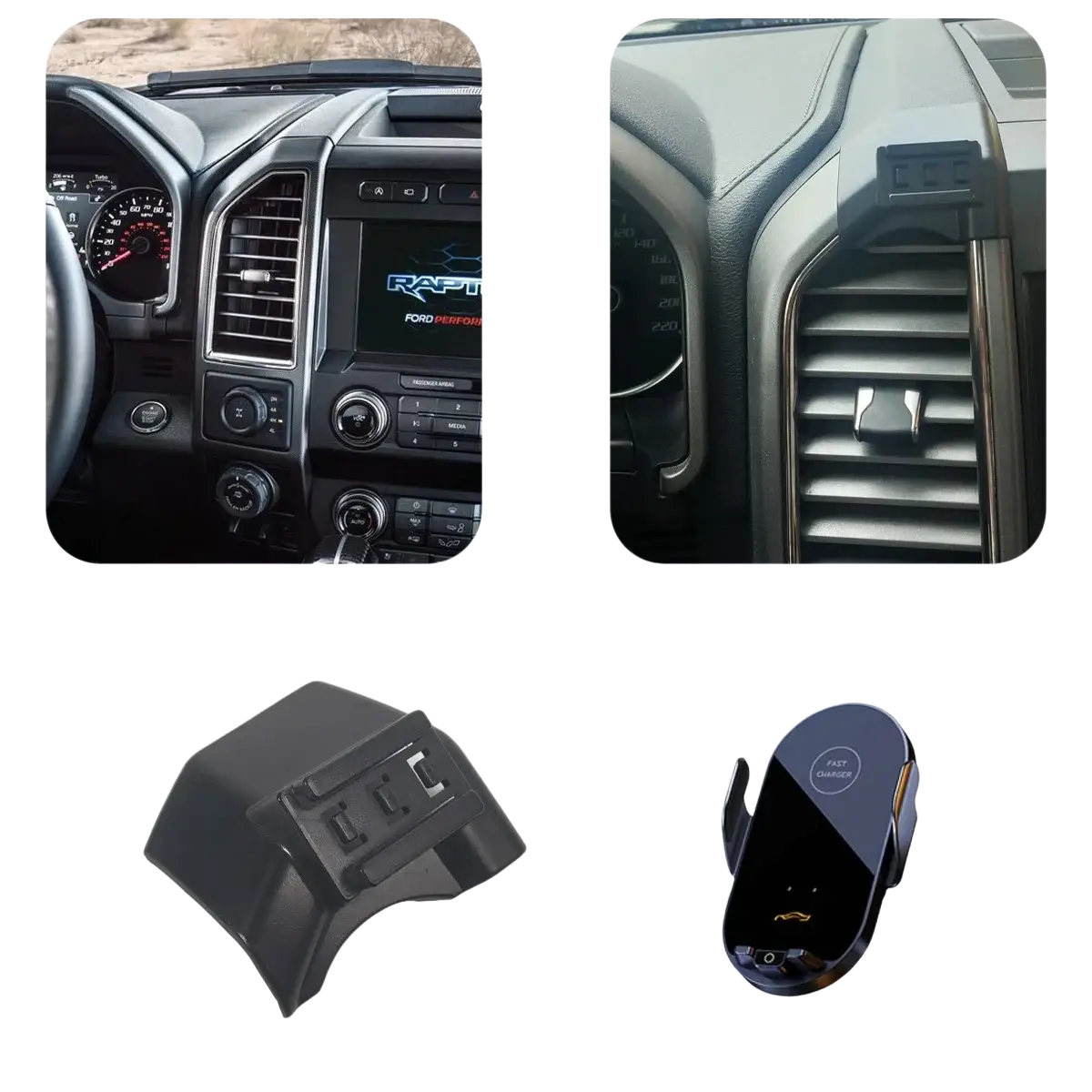 Black plastic dashboard air vent cover for ford f-150 phone holder with wireless and magnetic charging mount