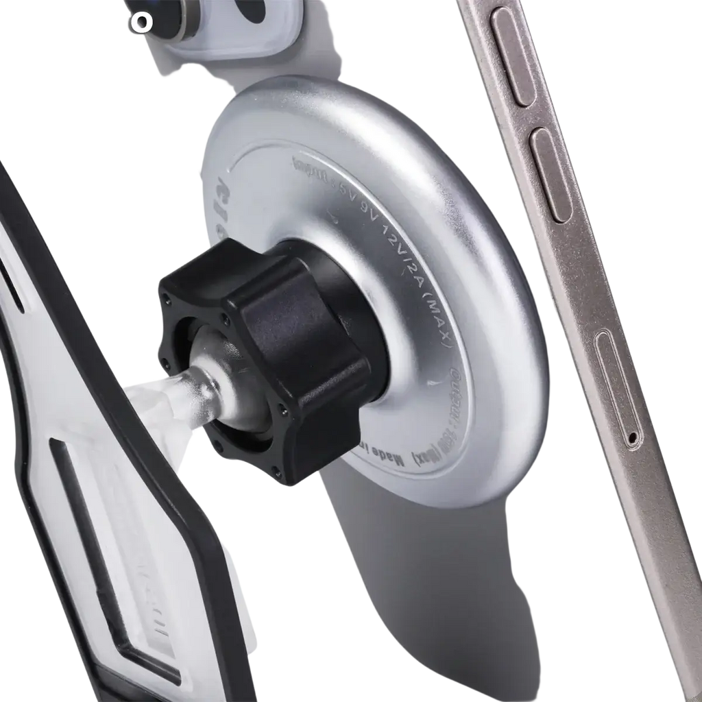 Silver magnetic phone holder with black adjustable clamp and textured grip for Ford F150 wireless charging mount