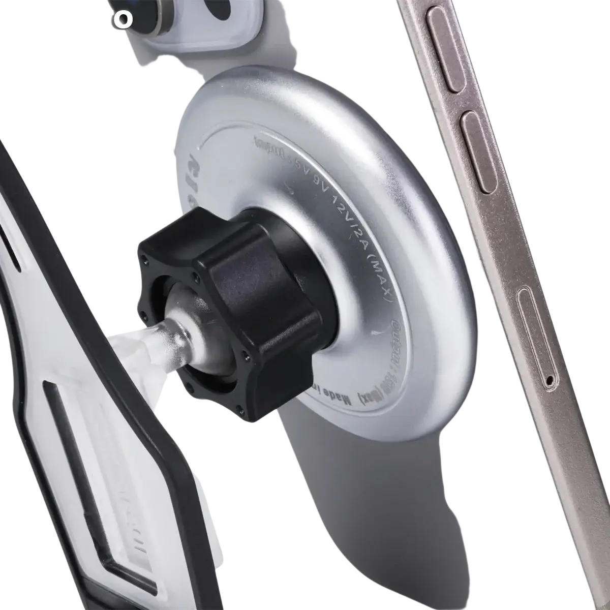 Silver magnetic phone holder with black adjustable clamp and textured grip for Ford F150 wireless charging mount