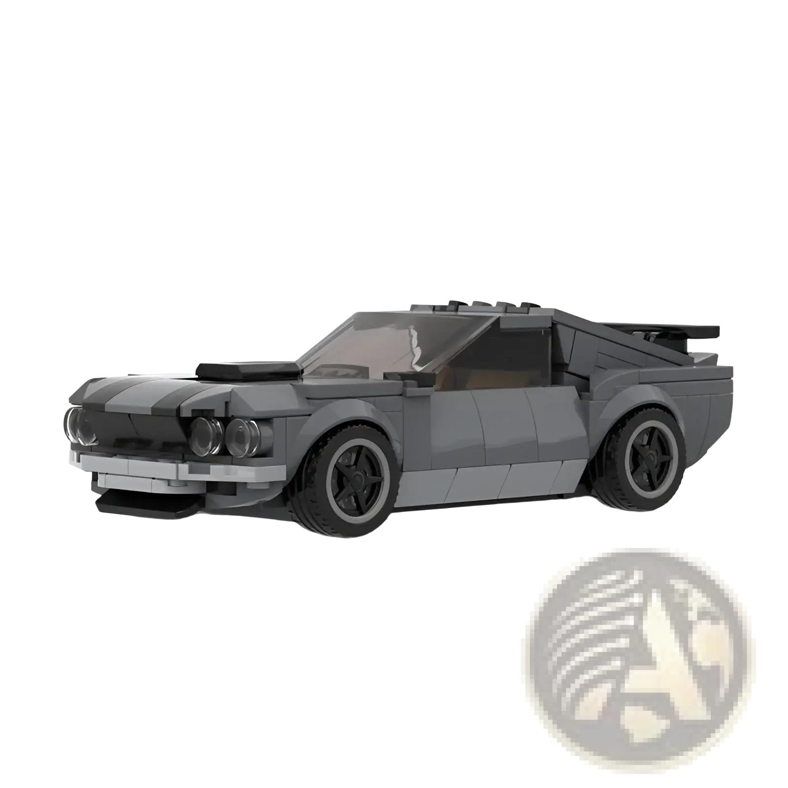 Gray lego-built ford mustang boss 302 muscle car with black racing stripes and sleek sporty design 296pcs model