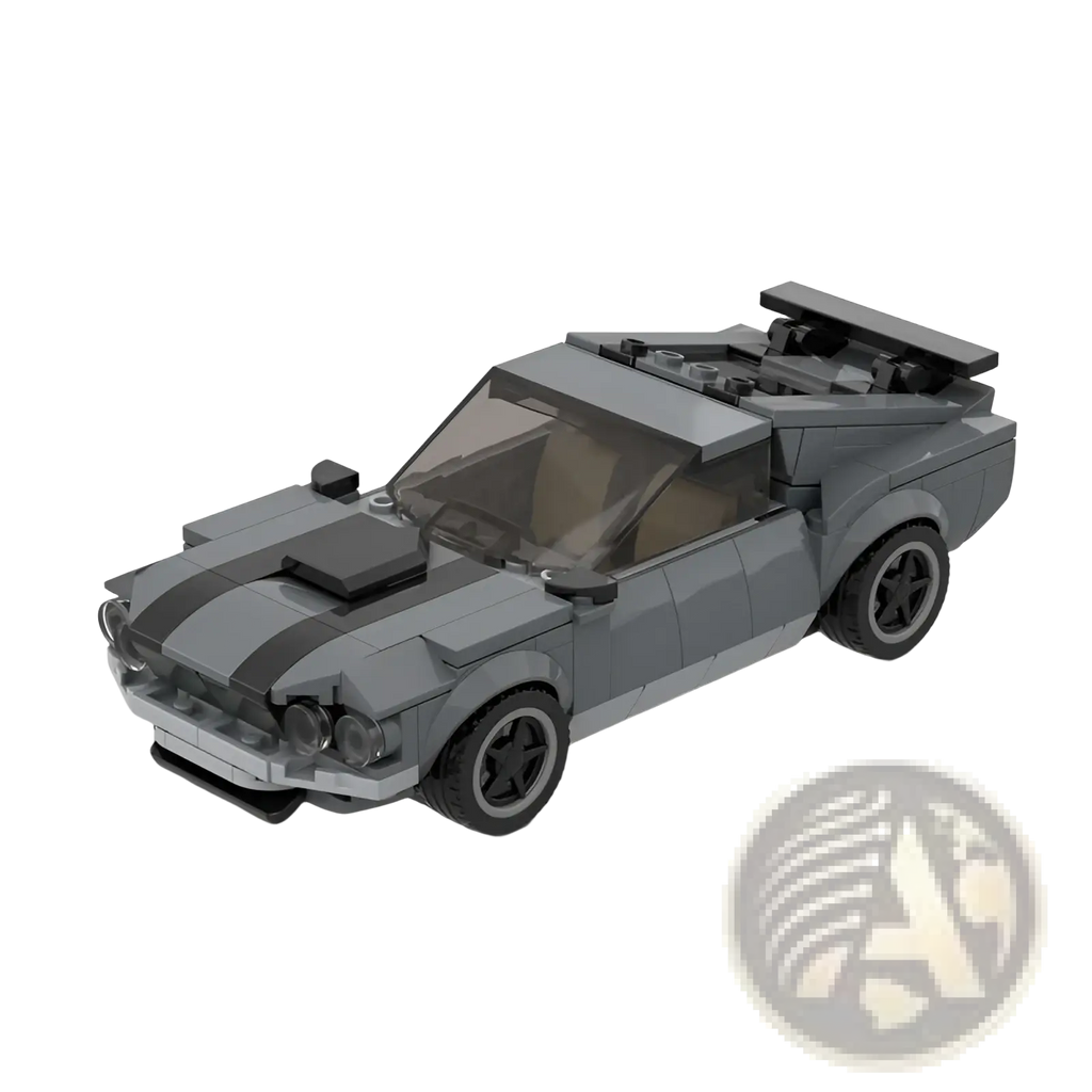 Gray lego-built ford mustang boss 302 muscle car with black racing stripes and rear spoiler made of 296 pieces