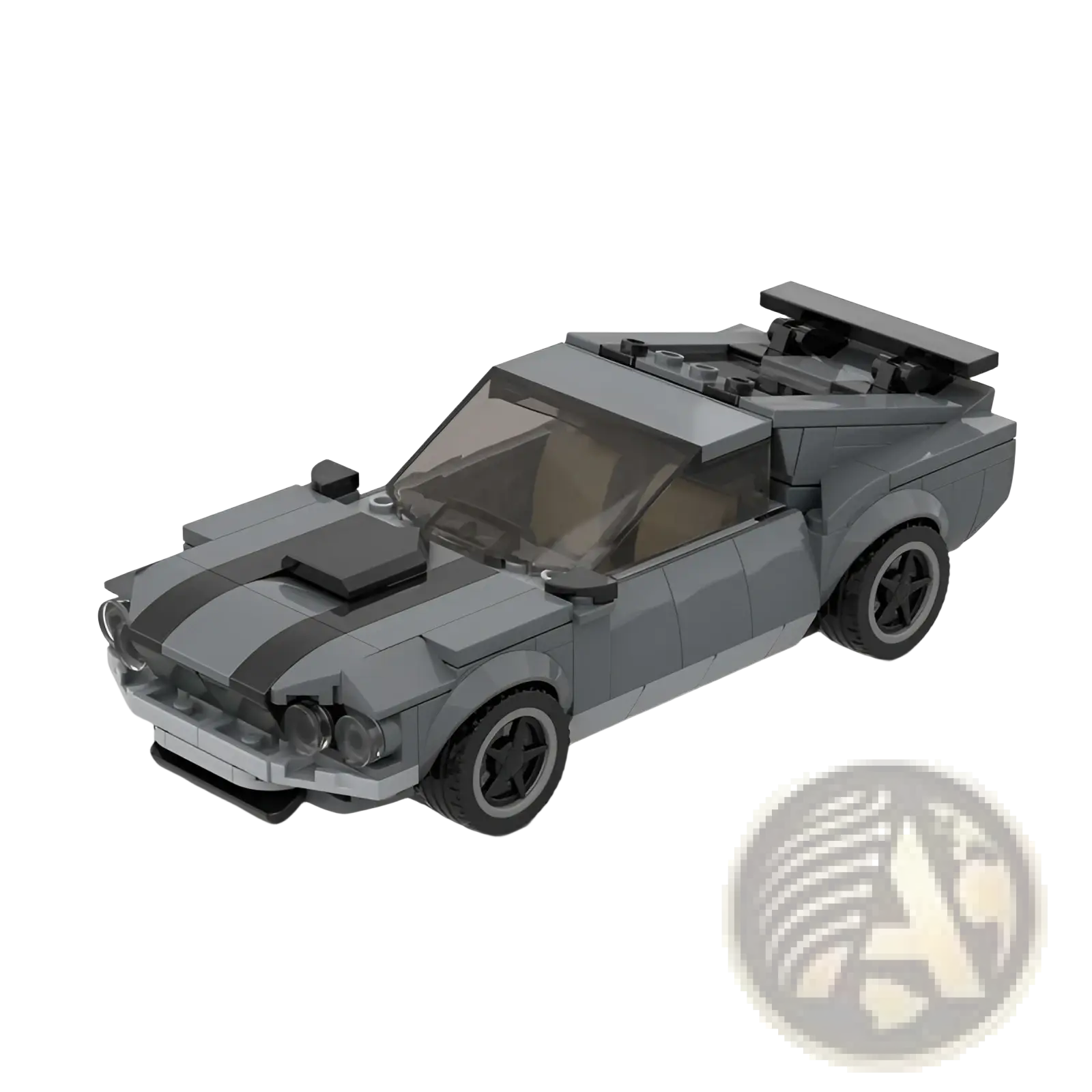 Gray lego-built ford mustang boss 302 muscle car with black racing stripes and rear spoiler made of 296 pieces