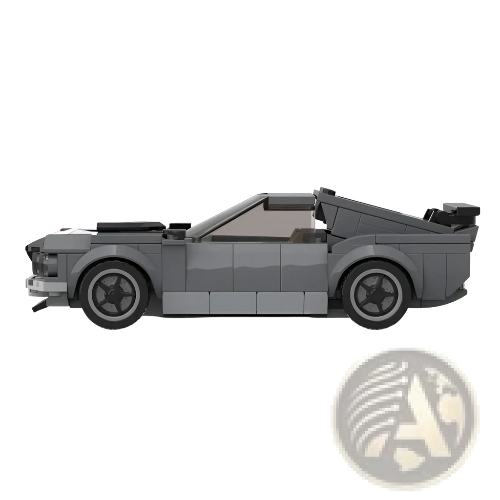 Gray ford mustang boss 302 muscle car building blocks model with black wheels and detailed body panels 296pcs