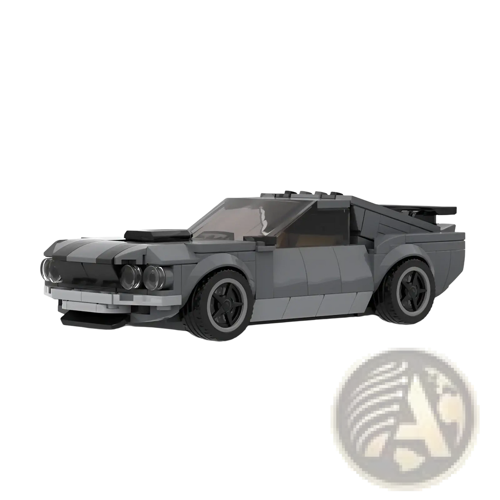Gray lego-built ford mustang boss 302 muscle car with black racing stripes and sleek sporty design 296pcs model