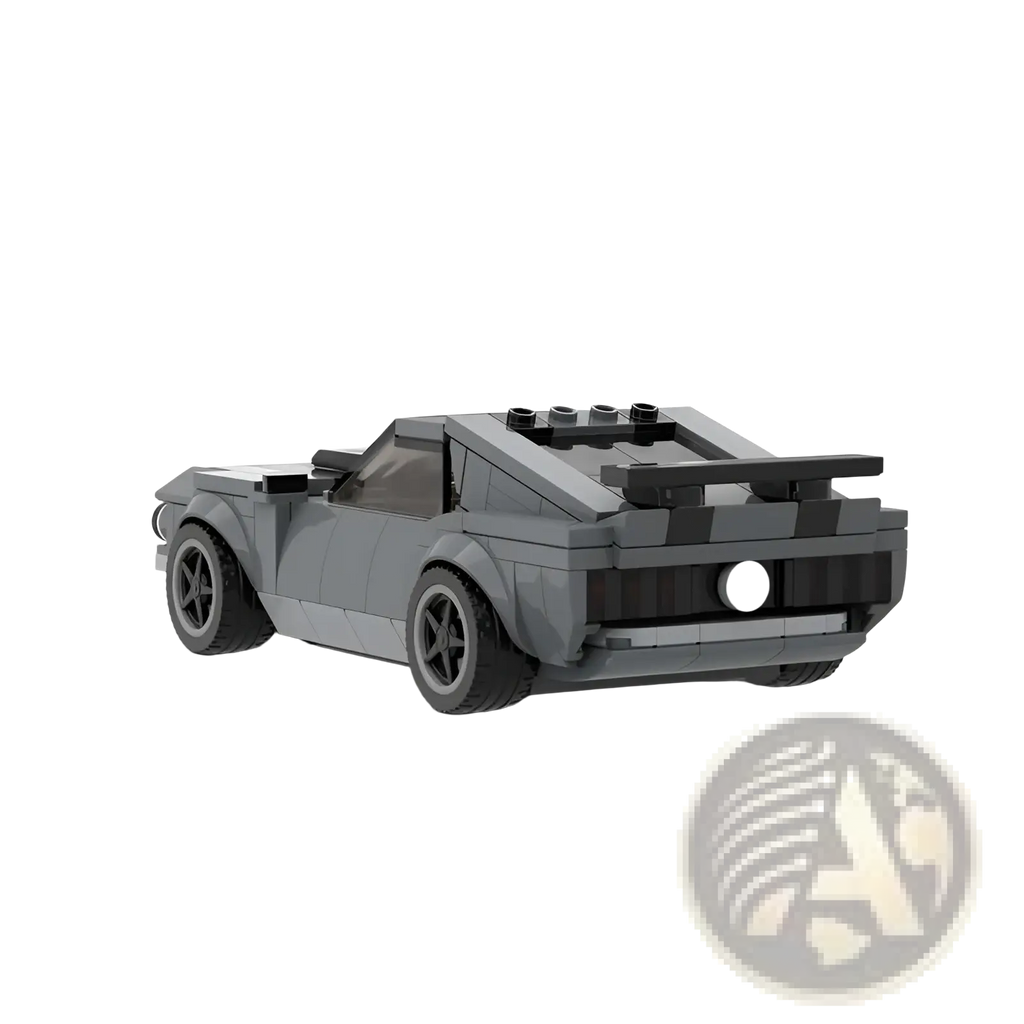 Gray lego-built ford mustang boss 302 muscle car with black racing stripes and rear spoiler made of 296pcs blocks