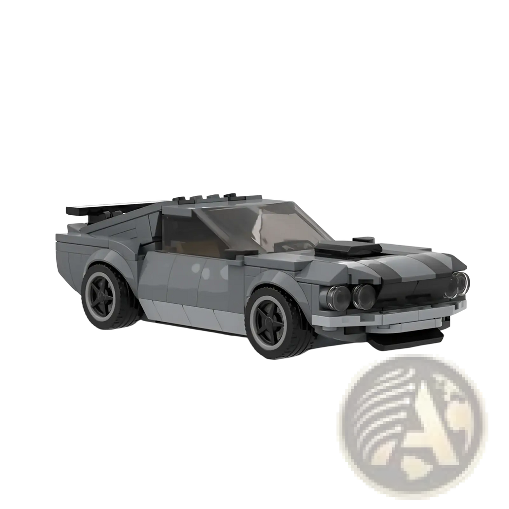 Gray lego ford mustang boss 302 muscle car with black racing stripes and detailed headlights 296pcs building blocks model