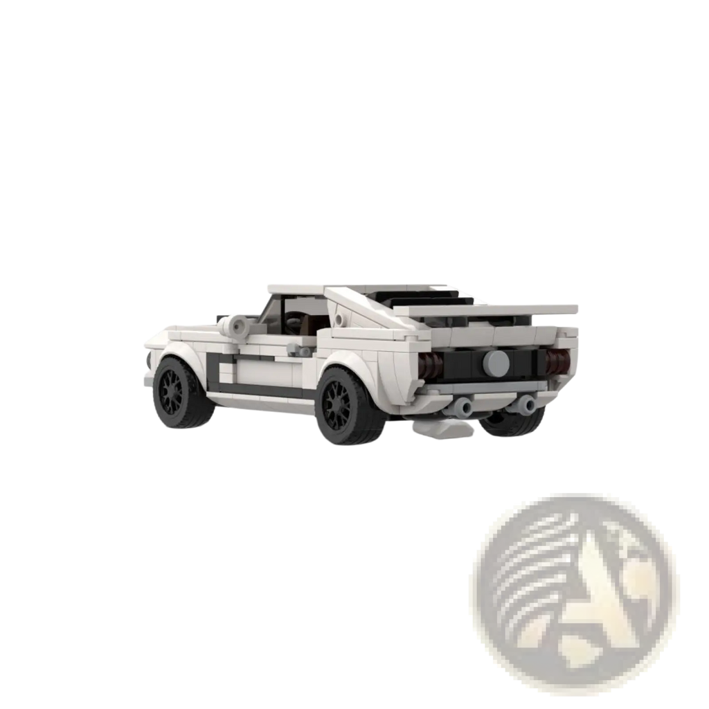 White lego ford mustang building block toy showing rear with black racing stripes and detailed spoiler