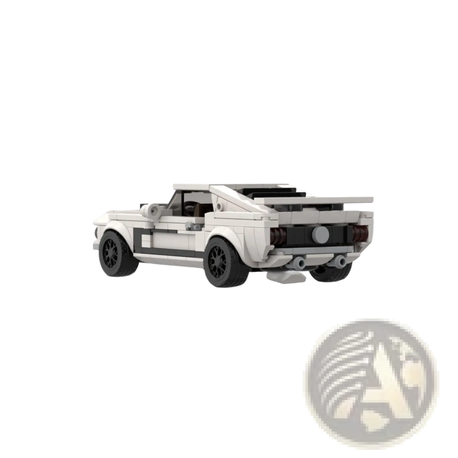 White lego ford mustang building block toy showing rear with black racing stripes and detailed spoiler