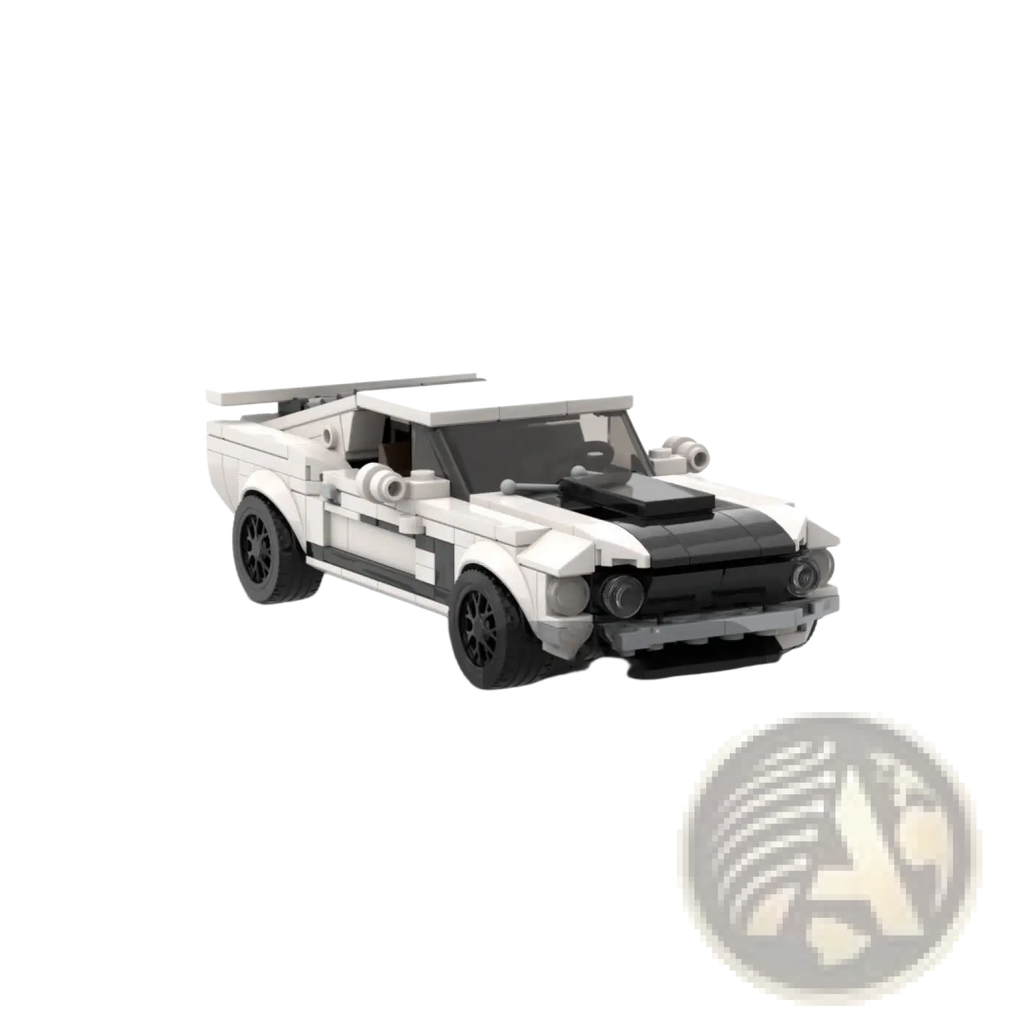 White and black lego-built Ford Mustang classic muscle car toy with sleek retro design made from building blocks