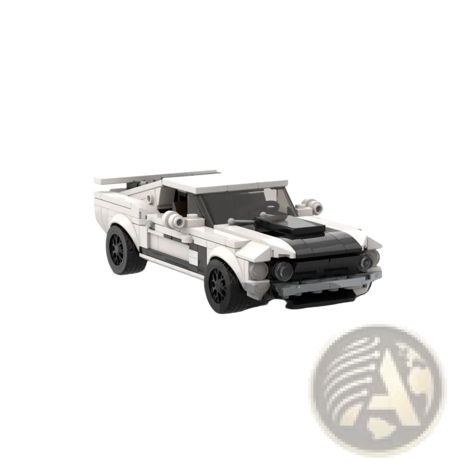 White and black lego-built Ford Mustang classic muscle car toy with sleek retro design made from building blocks
