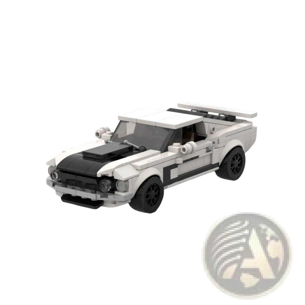 White and black lego-built ford mustang classic muscle car toy with a sleek design for building enthusiasts