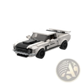 White and black lego-built ford mustang classic muscle car toy with a sleek design for building enthusiasts