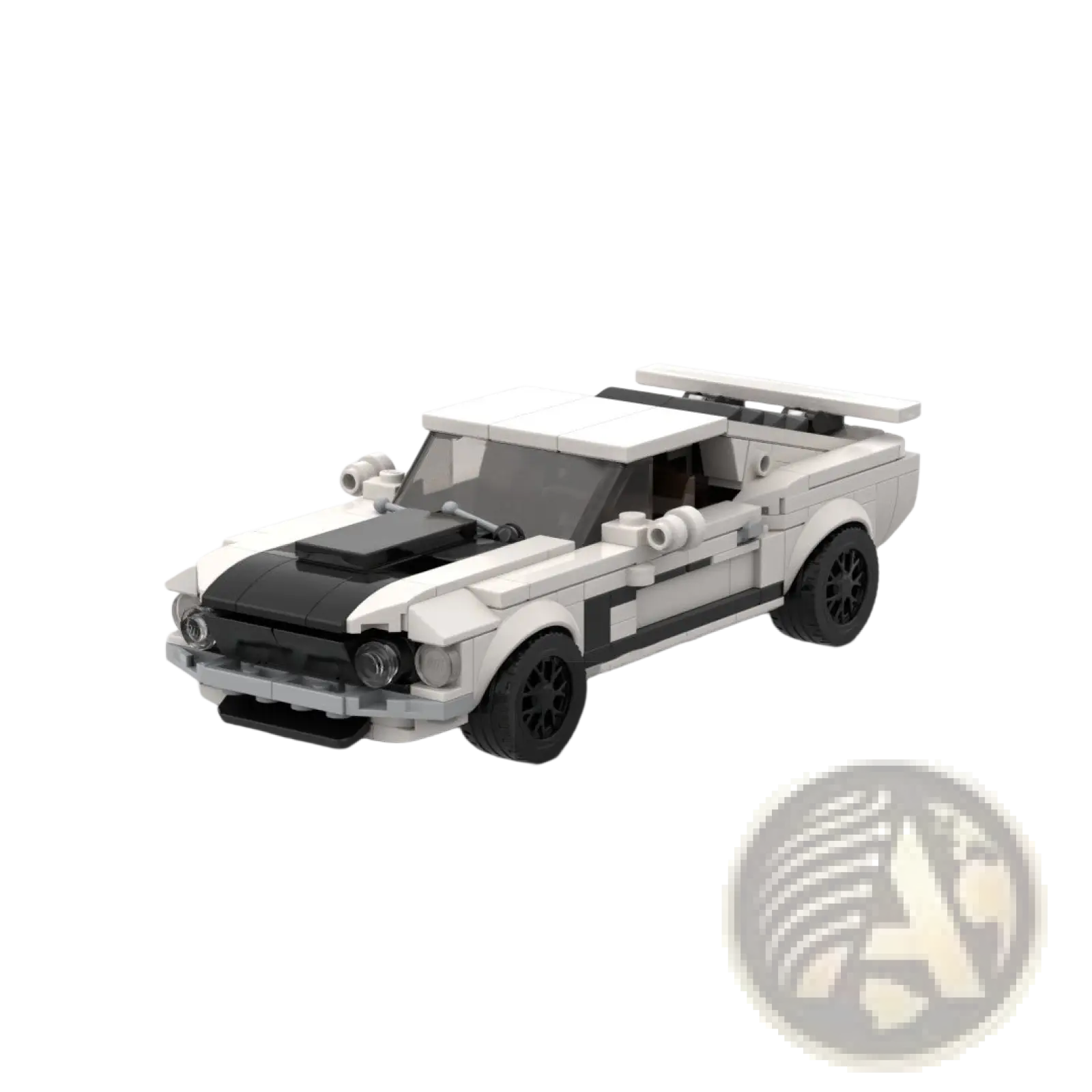 White and black lego-built ford mustang classic muscle car toy with a sleek design for building enthusiasts