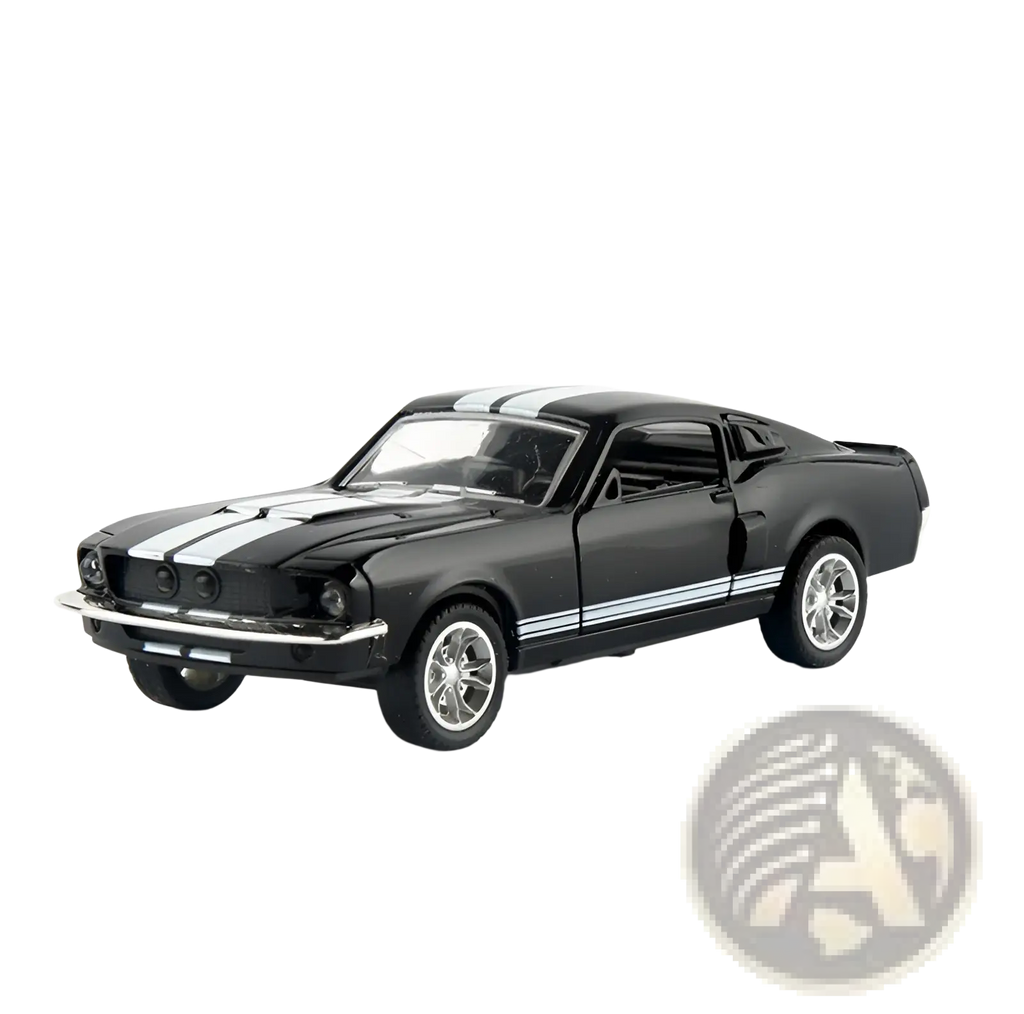 Black diecast model car of classic Ford Mustang with silver racing stripes and chrome wheels 1:32 alloy toy