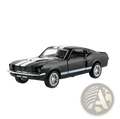 Black diecast model car of classic Ford Mustang with silver racing stripes and chrome wheels 1:32 alloy toy