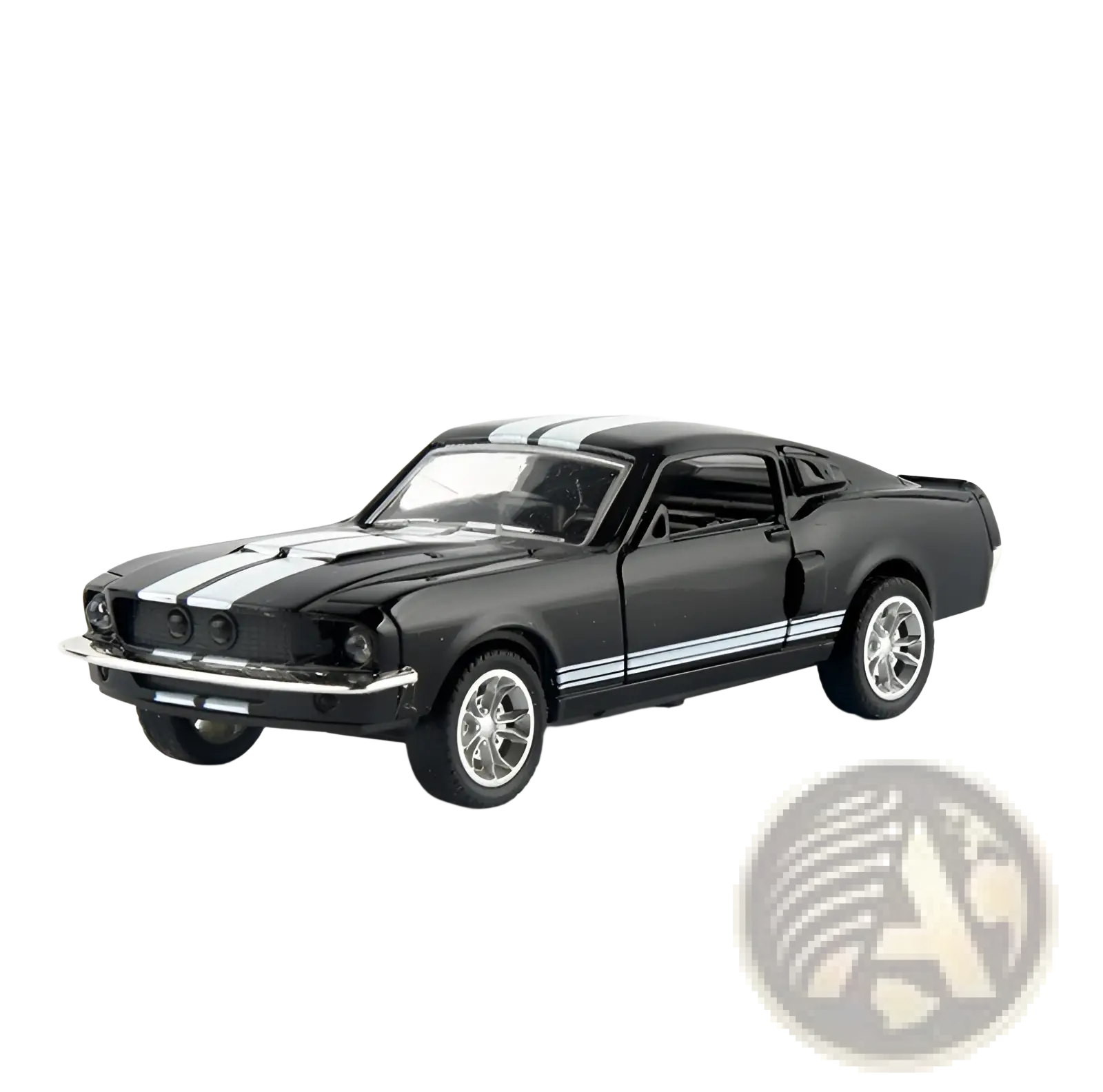 Black diecast model car of classic Ford Mustang with silver racing stripes and chrome wheels 1:32 alloy toy