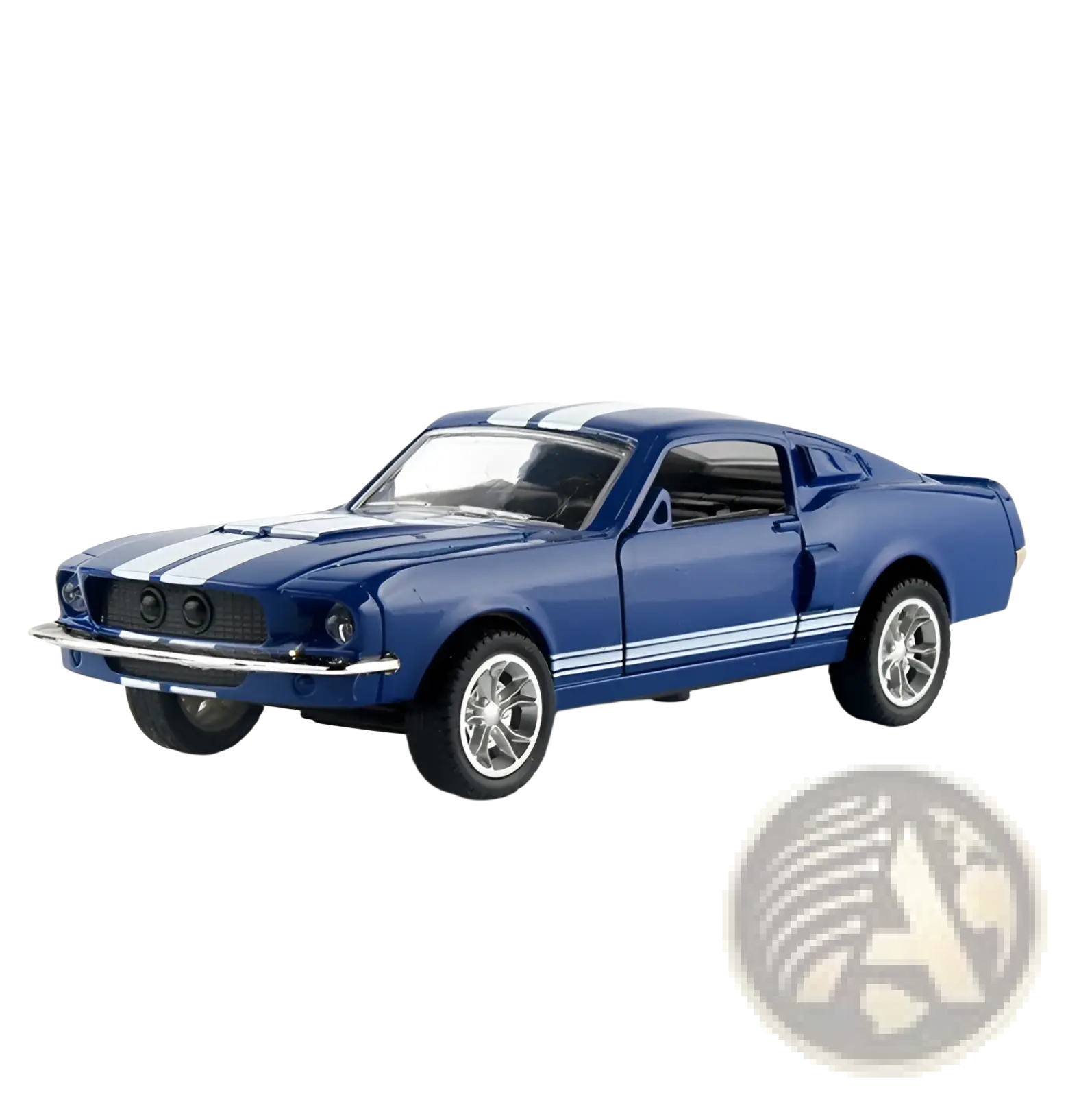 Blue diecast ford mustang model car with white racing stripes and chrome wheels in 1:32 alloy toy scale